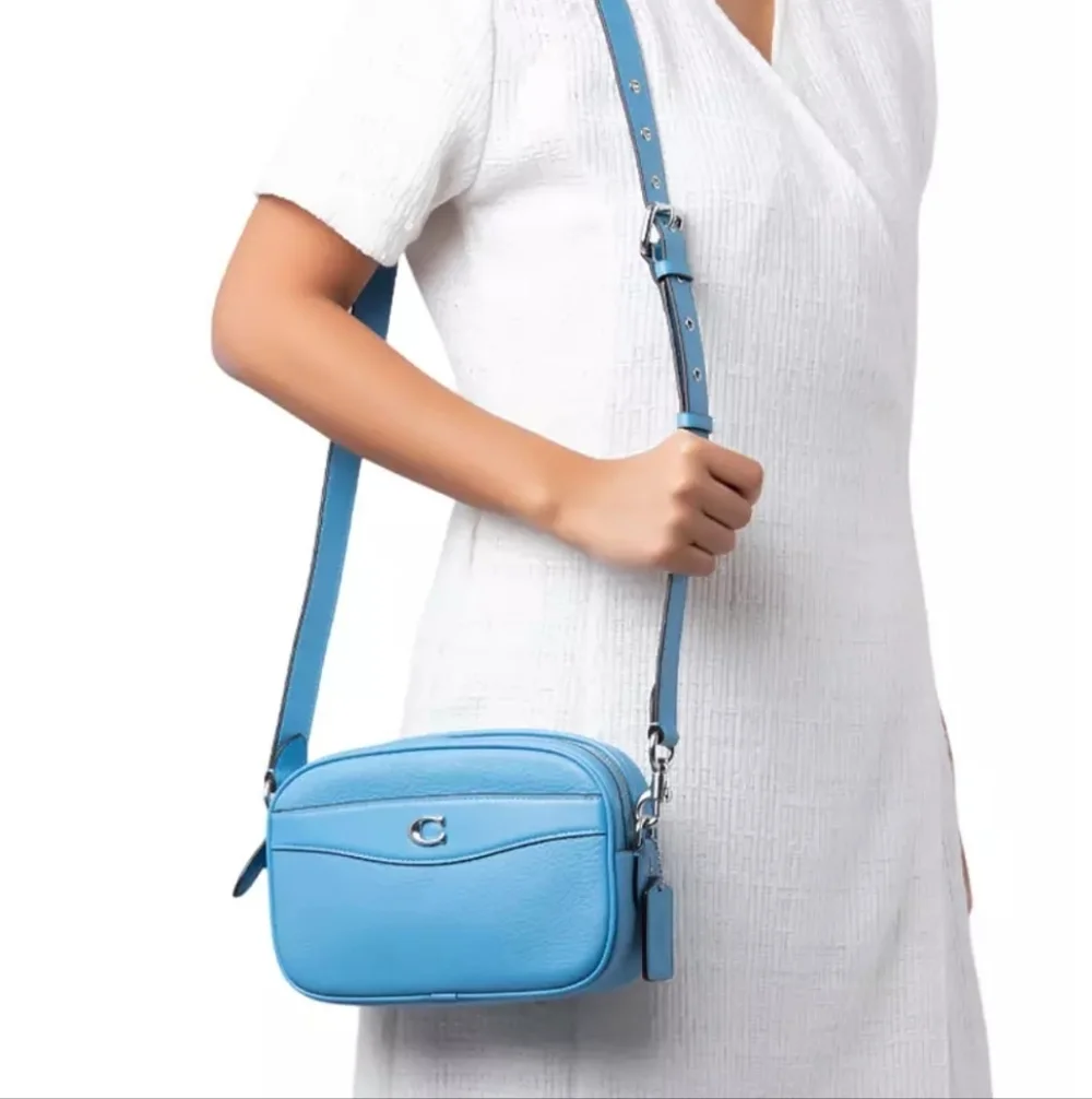 Coach Pool Blue Soft Pebbled Leather Camera Crossbody Bag